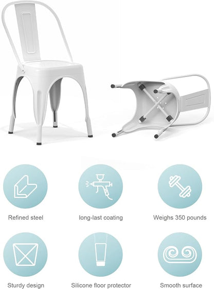 Nazhura Metal Dining Chair Farmhouse Tolix Style for Kitchen Dining Room Café Restaurant Bistro Patio, 18 Inch, Stackable, Waterproof Indoor/Outdoor (Sets of 4) (White)