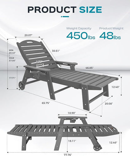 Ciokea Outdoor Chaise Lounge Chair Set of 2, Patio Lounge Chairs for Outside, HDPE Lounge Chairs with Wheels & Cup Holder, Poly Lounge Chair with 5 Position for Poolside, Deck, Dark Grey