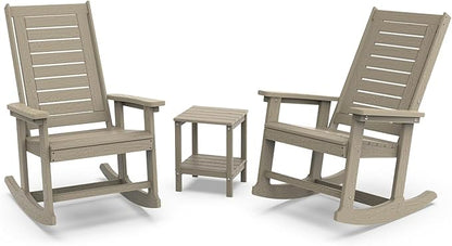 GREENVINES Outdoor Rocking Chair Set | 3-Piece | Desert Brown Wood Grain | 2 Rocking Chairs with 1 Side Table | Porch Rocker | HDPE Plastic | Patio Furniture Sets