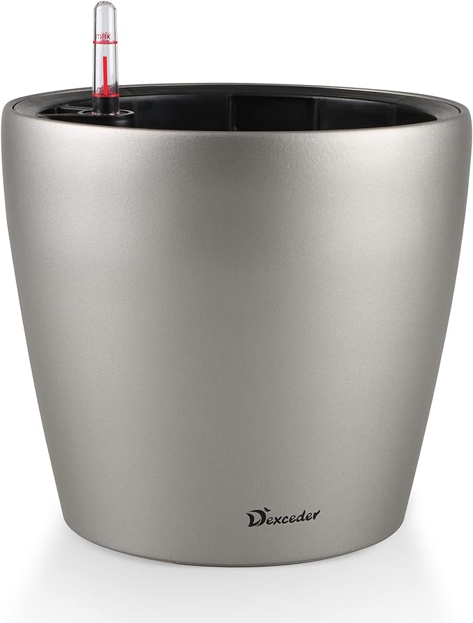 Dexceder 9x8 Inches Self Watering Planter Metallic Matte Indoor Outdoor, Inner Pot Design, Thickened Table Flower Plant Pot with Water Level Indicator (Smoky Gray)