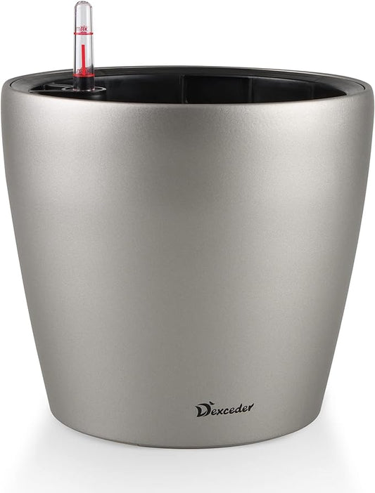 Dexceder 9x8 Inches Self Watering Planter Metallic Matte Indoor Outdoor, Inner Pot Design, Thickened Table Flower Plant Pot with Water Level Indicator (Smoky Gray)