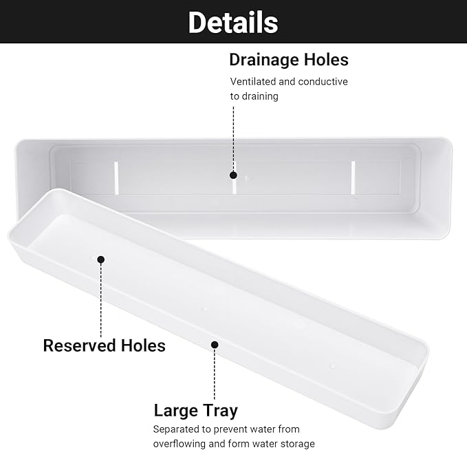 GREANER 12x3.8 Inch Herb Planters, 6 Pack White Rectangle Window Boxes with Tray, Indoor Succulent Cactus Mint Plastic Pot with Saucer for Windowsill, Balcony, Office, Outdoor Garden
