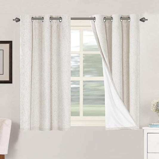 H.VERSAILTEX Primitive Linen Curtains 100% Blackout Curtain Drapes Burlap Fabric Curtains with White Thermal Insulated Liner, Grommet Top Drapes Living Room/Bedroom (2 Panels, 42 x 45 Inch, Ivory)