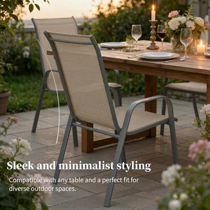 MAMIZO Patio Dining Chairs, Stackable All Weather Teslin Chair, Heavy Duty Outdoor Breathable Chairs Set, w/Armrests, Upgraded Chair FeetW/Strenthened Iron Spacers, 330 LBS (8, Brown)