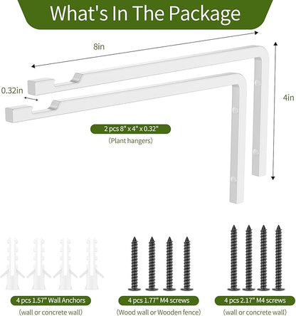 2 Pack 8 Inch Plant Hanger Hooks for Indoor Hanging Plants, Heavy Duty Steel Hanging Plant Brackets Wall Mount Hooks for Hanging Bird Feeders Flower Basket Wind Chime Solar Lanterns Outdoor, White