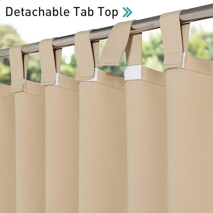 NICETOWN 2 Panels Outdoor Curtainss for Patio Waterproof, Detachable Tab Top Self-Stick Light Blocking Privacy Protect Outdoor Blinds for Pavilion/Indoor Outdoor Dividers, W84 x L84, Biscotti Beige