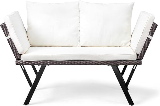 Outvita Outdoor Convertible Couch Sofa Bed, Woven Rattan Patio Furniture Daybed w/Adjustable Armrests, Removable Cushions and Pillows for Porch Pool Balcony