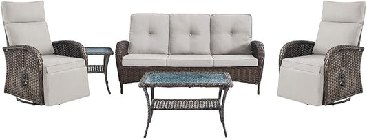5 Piece Patio Furniture Set with Swivel Recliner Chair - Removable Outdoor Patio Couch Set, Chaise Lounge Chair Outdoor with Adjustable Backrest and Footrest and Coffee Table for Casual Gathering