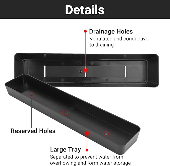GREANER 16x3.8 Inch Herb Window Boxes 1PCS, Black Planter with Removable Trays and Drainage Holes, Succulent Flower Rectangular Plastic Pot for Balcony, Office, Windowsill, Garden, Indoor Outdoor Use