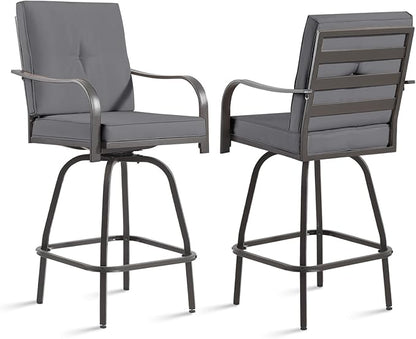 Patio Swivel Bar Stools Set of 2, Outdoor Bar Height Swivel Chairs with Cushions for Garden Balcony Backyard, Grey