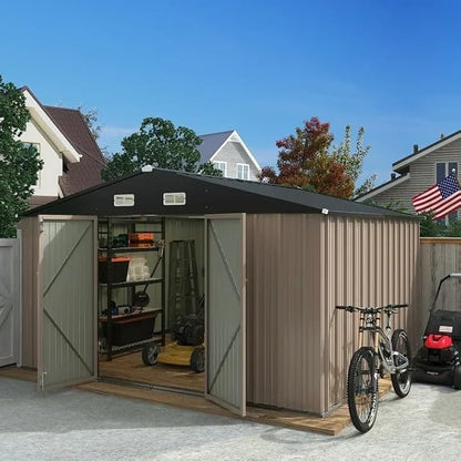 Greesum 10×10FT Outdoor Storage Shed, Metal Patio Storaged Sheds with Lockable Doors, Sheds & Outdoor Storage for Bike, Backyard, Pool and Garden, Brown