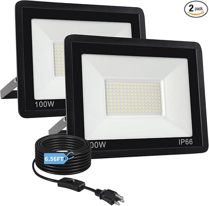 100W Flood Lights Outdoor,12000LM Bright LED Work Light,IP66 Waterproof Outdoor with Switch and 6.5FT Plug,6500K Daylight White Outside Lights for Yard，Garage,Garden,Stadium(2 Pack)