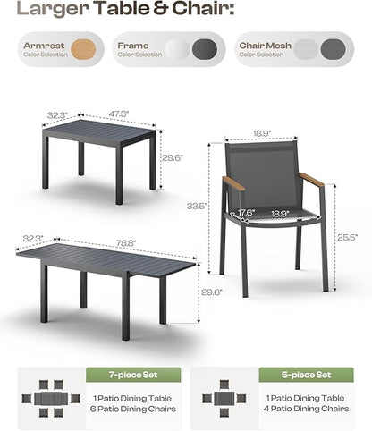 Outdoor Aluminum Patio Dining Table Set for 6-8 Person, Expandable Outdoor Table and 6 Chairs with Textilene Fabric & HDPS Armrest, All-Weather Patio Furniture Set for Yard, Garden, Gray