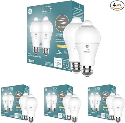 GE LED+ Motion Sensor LED Light Bulbs, 12W, Outdoor Security Lights, A21, Warm White (2 Count)(Pack of 4)
