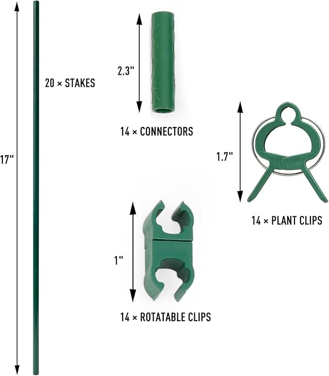 MAXPACE 62pcs Garden Stakes Kit: Includes 20 Sets of Fiberglass Plant Sticks Supports & Accessories for DIY 4ft, 5ft, 6ft, 7ft Stakes for Tomato, Vegetables, Indoor & Outdoor Gardening Supplies