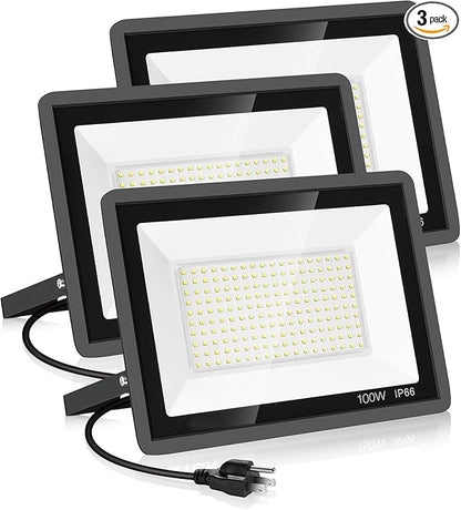 3 Pack 100W Led Flood Lights Outdoor,Super Bright 11600LM Security Lights with Plug,Exterior IP66 Waterproof 5000K Daylight White FloodLight for Basketball Court, Yard, Garden, Playground