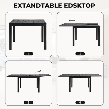 Grand patio 7-Piece Outdoor Dining Set, 6 Leather-Look Wicker Blue Swivel Patio Chairs & 1 Expandable Dining Table, Black