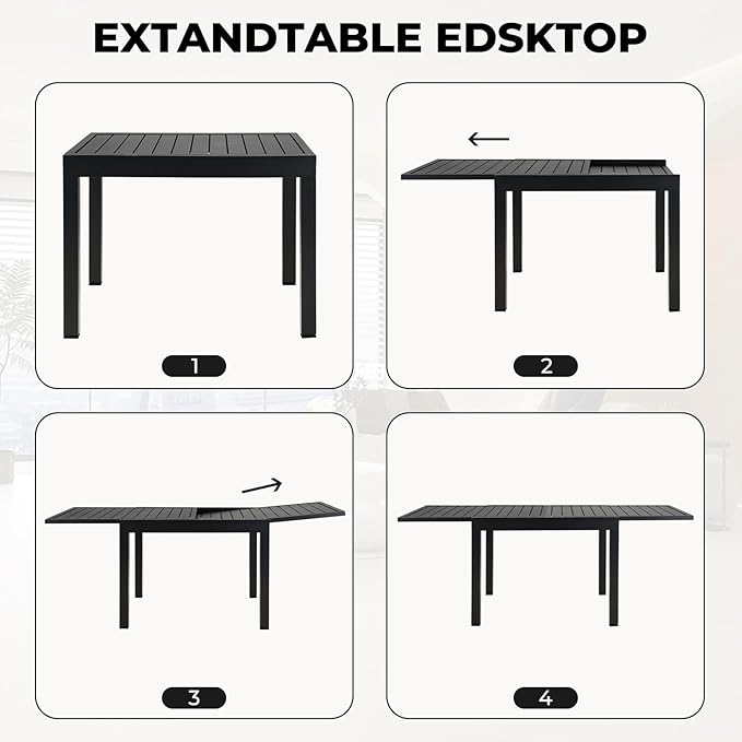 Grand patio 9-Piece Outdoor Dining Set, 8 Leather-Look Wicker Swivel Patio Chairs & 1 Extendable Rectangular Dining Table, Black