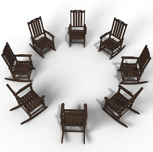 Oversized Rocking Chair Set of 8, Outdoor Rocking Chair for Adults, All Weather Resistant Porch Rocker for Lawn Garden, Brown