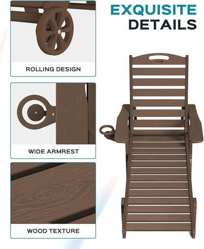 Ciokea Outdoor Chaise Lounge Chair Set of 2, Patio Lounge Chairs for Outside, HDPE Lounge Chairs with Wheels & Cup Holder, Poly Lounge Chair with 5 Position for Poolside, Deck, Dark Brown