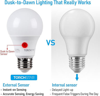 TORCHSTAR Dusk to Dawn Light Bulbs Outdoor, Sensor A19 LED Light Bulb, Auto on/Off Photocell Automatic for Outdoor Lighting, 2700K, Pack of 4