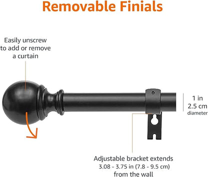Amazon Basics Sturdy Adjustable Curtain Rod for Windows with Round Finials, 1-Inch, 72" to 144", Black, 1-Pack
