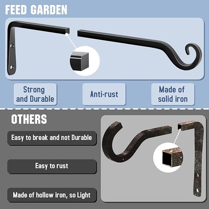 FEED GARDEN 15 Inch 2 Pack Hand-Forged Hanging Plant Bracket Heavy Duty Metal Plant Hangers for Outdoor Hanging Bird Feeders Lanterns Wind Chimes Black