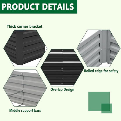2 Pack 6x3x1FT Galvanized Raised Garden Bed Kit, Outdoor Metal Planter Box for Vegetables, Bottomless Rectangular Gardening Bed with Support Rods, Tool-Free Assembly, Black