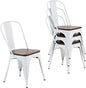 Nazhura Metal Dining Chair Farmhouse Tolix Style for Kitchen Dining Room Café Restaurant Bistro Patio, 18 Inch, Stackable, Waterproof Indoor/Outdoor (Sets of 4) (White with Wood Padding)