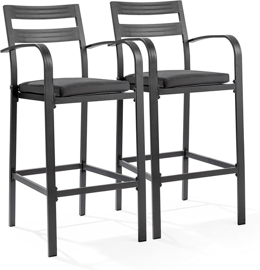 VINGLI Outdoor Bar Stools Set of 2, All-Weather Bar Height Aluminum Stools with 1.6" Thick Cushion, Rust-Proof Patio Chairs for Backyard, Poolside, Balcony & Kitchen Island (Dark Gray)