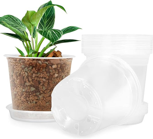 6 Inch Clear Nursery Pots for Plants with Sacuers 15 Pack, Plastic Flower Pots with Drainage Holes, Variety Pack Seedlings Garden Pot for Indoor Outdoor (6 inch)