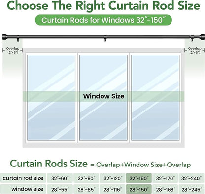 Time Forest Black Curtain Rods for Windows 32 to 150 Inch (2.6-12.5 Feet), 1 Inch Diameter Adjustable Heavy Duty Extra Long Curtain Rod, Modern Style Indoor Outdoor Window Drapery Rods with End Caps