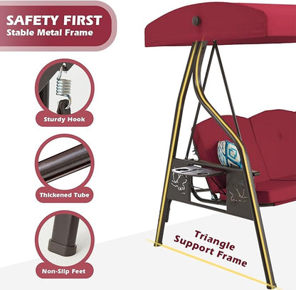 3-Seat Outdoor Porch Swing with Stand, Patio Swing with Canopy, 2 in 1 Porch Swing Bed & Patio Swing Chair for Adult w/Extra Pillows and Cup Holder for Yard (Wine Red)