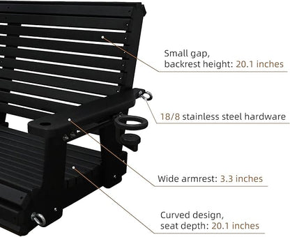 HDPE Porch Swing with 18/8 Stainless Steel Bolts, Ergonomic Design, Ultra Weather-Resistant, Heavy Duty 1200 LBS, for Outdoor Patio Garden Yard (Darknight Black)