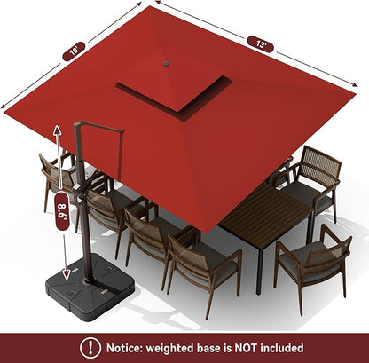 10 X 13 FT Cantilever Outdoor Patio Umbrella with Led Lights Large Heavy Duty 360° Rotation Double Top Offset Rectangular Umbrellas for Backyard Garden Pool Outside Deck, Red