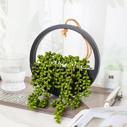 Floweroyal 2pcs Artificial Succulents Hanging Plants 12.2'' Fake String of Pearls in Pot with 8.3'' Lanyard for Indoor Outdoor Wall Decor (Black).