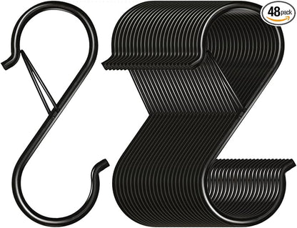 48 Pack S Hooks for Hanging, 3.5 inch Heavy Duty Metal S Hooks with Safety Buckle S Shaped Hooks Pot Rack Closet Hooks for Hanging Plants, Clothes, Kitchen Utensil, Pots, Pans, Bags (Black)