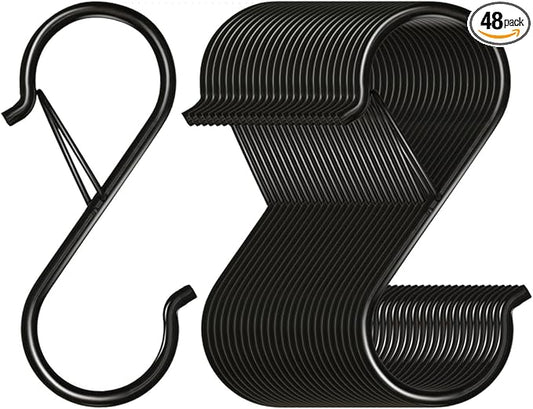 48 Pack S Hooks for Hanging, 3.5 inch Heavy Duty Metal S Hooks with Safety Buckle S Shaped Hooks Pot Rack Closet Hooks for Hanging Plants, Clothes, Kitchen Utensil, Pots, Pans, Bags (Black)