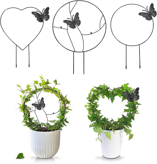 3Pack Trellis for Climbing Plants Indoor, Rust-Proof Trellis for Indoor Potted Plants Round Circle Trellis with Butterfly Houseplant Metal Wire Trellis for Vine Ivy Flower Plant Support