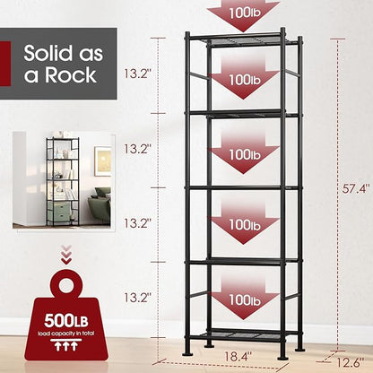 Storage Shelves - 5 Tier Shelf Organizer, Heavy Duty Garage Shelving Unit with Leveling Feet, Stable Metal Shelves Organizer for Pantry, Kitchen and Closet, 18.4" W x 12.6" D x 57.4" H, Black
