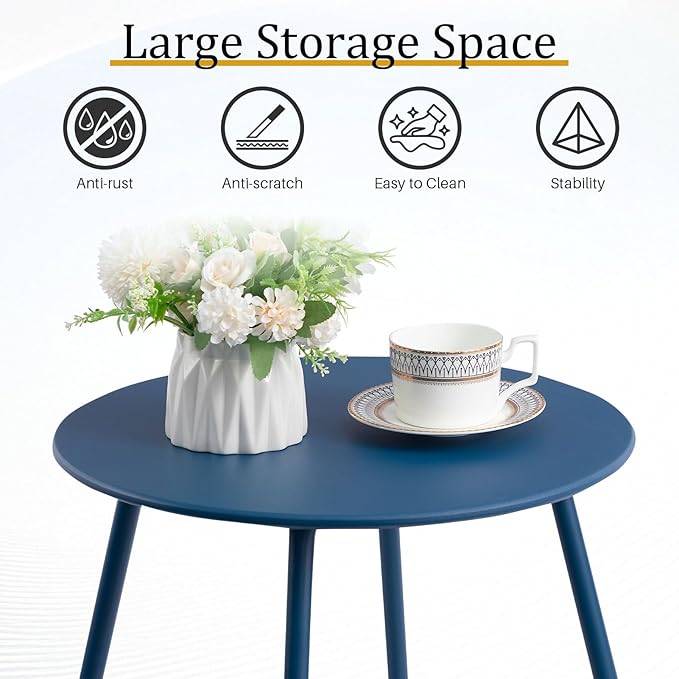HollyHOME Round Metal Side Table, Rust-Resistant Patio Small Plant Stand, Outdoor 17.32'' Portable End Table for Balconies, Gardens, Living Rooms and Bedrooms, Navy Blue
