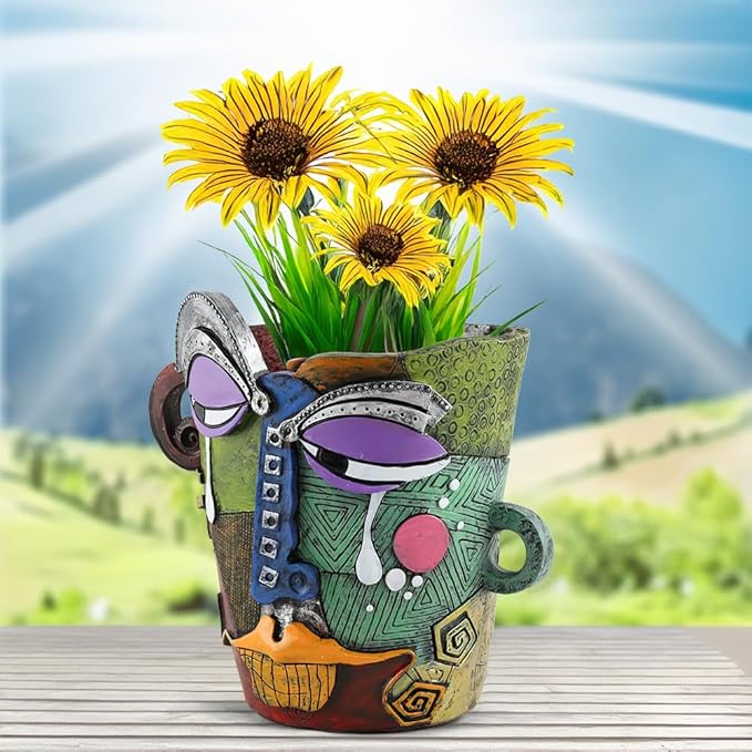 Picasso Brutalist Abstract Face Planter - Head Ornament Flower Pot Container - Colorful Art Resin (Picasso's Tearful Flowerpot)