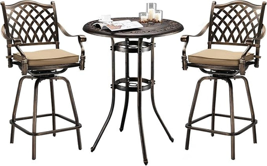 VINGLI 3 Piece Outdoor Patio Bar Set, Cast Aluminum Outdoor Swivel Bar Stools and Table w/Umberlla Hole, All-Weather Outdoor Bar Table and Chairs High Top Bistro Set w/Cushions (Grid Back)