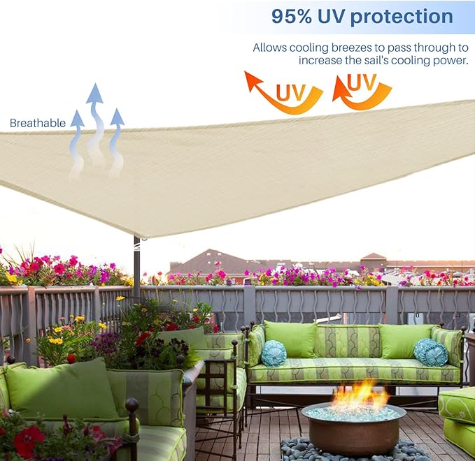 E&K Sunrise 21' x 21' x 21' Sun Shade Sail Triangle Canopy Shade Cover UV Block for Patio Backyard Garden Outdoor (Beige)