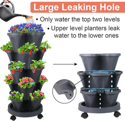 DUNCHATY Stackable Planter, Vertical Strawberry Planter with Garen Tool Set, Self Watering Garden Planter Indoor/Outdoor 5 Tier Herb Planter Pots for Growing Vegetables and Succulents, Dark Gray