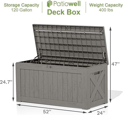 Patiowell 120 Gallon Large Deck Box, Outdoor Lockable Storage Box for Gardening Tools, Waterproof Deck Box for Patio Furniture, Light Brown