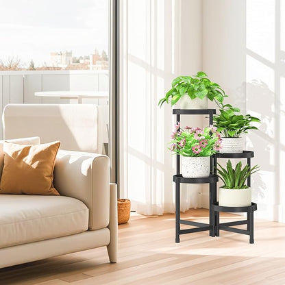 iDavosic.ly 4 Tier Folding Plant Stand Indoor Outdoor with Plastic Tray, Tiered Corner Flower Holder Shelf, Metal Orchid Display Rack for Patio Porch Living Room Garden Balcony, Modern Black
