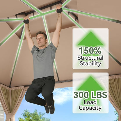 Aoxun Outdoor Gazebo for Patio 10x12 Metal Frame Canopy with Double Roofs Heavy Duty Party Tent and Shelter with Mosquito Netting and Privacy Screen for Backyard, Lawn, Garden, Deck (Khaki)