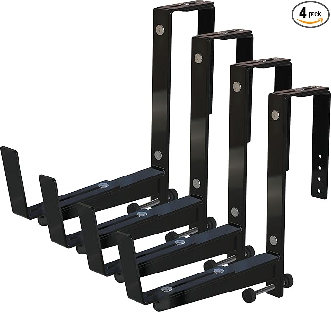 Window Box Brackets for Railing- 4 Pcs Adjustable Planter - Sturdy, Stable Flower Box Brackets for Railings, Balconies and Fences- Upright Railing Plant Holder (Black 4 Pack)