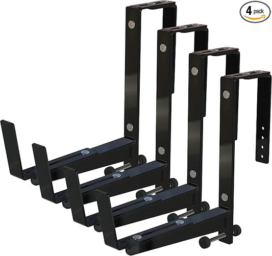 Window Box Brackets for Railing- 4 Pcs Adjustable Planter - Sturdy, Stable Flower Box Brackets for Railings, Balconies and Fences- Upright Railing Plant Holder (Black 4 Pack)